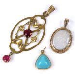 3 Edwardian stone set gold pendants, including opal and turquoise, 3.9g total