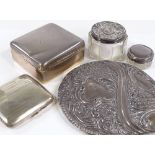 A large silver-mounted dressing table mirror, a square silver cigarette box, a curved cigarette case
