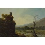 19th century oil on canvas, figures in Continental landscape, unsigned, 10" x 15", framed