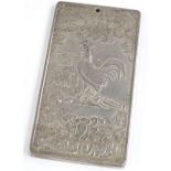 A Chinese white metal Zodiac tablet, with Year of the Chicken decoration, length 9.5cm