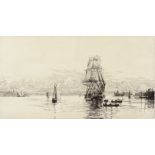 Harold Wyllie, etching, harbour scene, signed in pencil, plate size 6.5" x 12", mounted