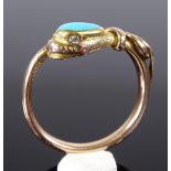 An unmarked gold turquoise and diamond snake ring, with engraved turquoise head and diamond set