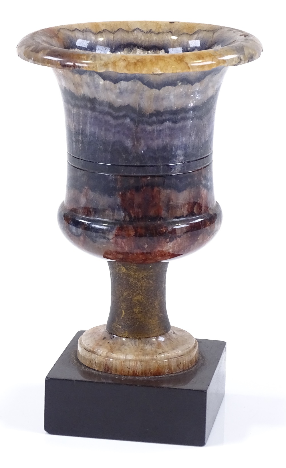 A 19th century Blue John campana form urn, with brass column and slate base, overall height 12. - Image 3 of 3