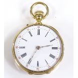 A Swiss unmarked gold open-face top-wind fob watch, settings probably 18ct gold, with applied gold