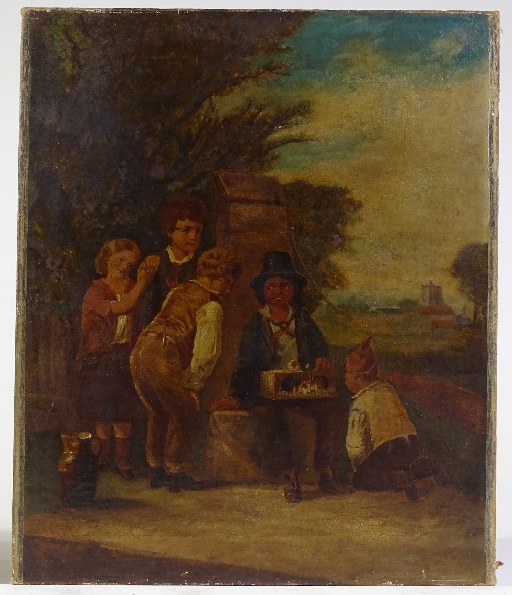 19th century oil on canvas, a group of children at the village pump, unsigned, 18" x 15", unframed