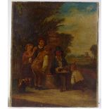 19th century oil on canvas, a group of children at the village pump, unsigned, 18" x 15", unframed