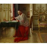 Georges Croegaert (1848 - 1923), oil on canvas, a Cardinal reading at green baize table, 18" x