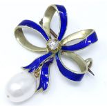 A yellow metal pearl, diamond and blue enamel ribbon brooch, height 34.8mm, 5.1g