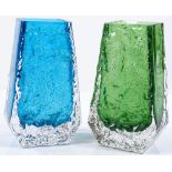 2 Whitefriars Coffin vases by Geoffrey Baxter, 1 in meadow green and 1 in Kingfisher blue, height