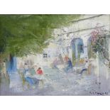 AE Hance, oil on canvas, cafe scene Lefkimi Corfu, 12" x 16", framed