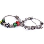 2 silver Pandora charm bracelets, with 22 charms (2)