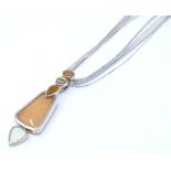 A Chinese silver and hardstone pendant necklace, pendant height 61.3mm, 18.3g