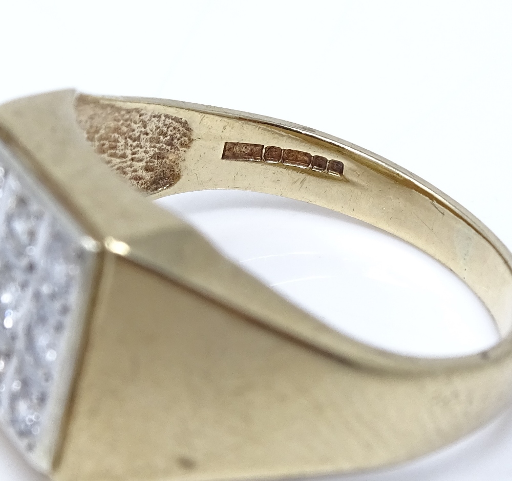 A 9ct gold 9-stone diamond cluster signet ring, setting height 11.5mm, size R, 4.1g - Image 4 of 4