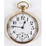 A gold plated open-face top-wind South Bend USA pocket watch, 17 jewel movement with Deco Arabic