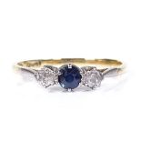 An 18ct gold 3-stone sapphire and diamond ring, platinum-top settings, setting height 4.5mm, size P,