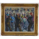 Mid-20th century Continental School, oil on canvas, riot police, unsigned, 20" x 24", framed