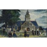 Compton, oil on board, figures outside a church, mid-20th century, 9" x 14.5", framed