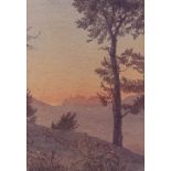 Reginald Morphew, watercolour, trees on a hilltop, signed with monogram, 15" x 10", framed