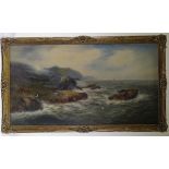 Reginald Sherrin, oil on canvas, rough seas on the coast, 25" x 46", framed