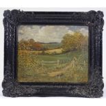 Early 20th century oil on canvas, a country landscape, signed with monogram JS, 14" x 17", framed