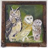 Clive Fredriksson, oil on canvas, 3 owls, in rustic frame, overall dimensions 25" x 25"