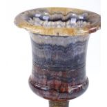 A 19th century Blue John campana form urn, with brass column and slate base, overall height 12.