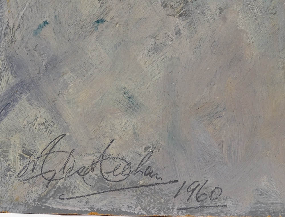 An oil on board, study of a man walking, indistinctly signed, 1960, 32.5" x 15", unframed - Image 2 of 4