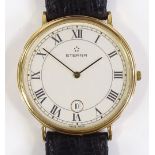 A gold plated Eterna Quartz wristwatch, stainless steel caseback, with date aperture and Roman