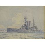5 watercolours circa 1920, First War battleships, 1 signed with initials FT, dated 1920, largest 8.