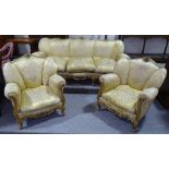 An ornate French carved giltwood-framed 3-piece lounge suite, acanthus carved show wood surrounds