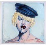 Clive Fredriksson, oil on canvas, red lips, 19" x 20", framed
