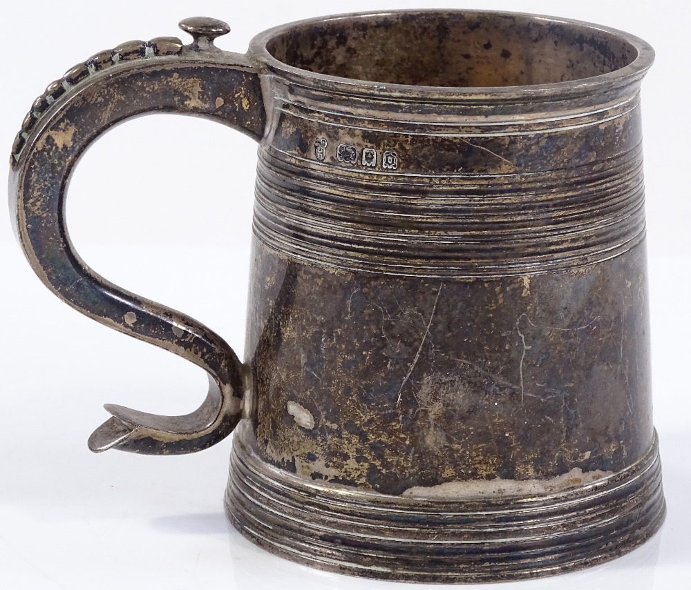 A tapered silver half-pint mug, with reeded collar and foot, by C S Harris & Sons Ltd, hallmarks - Image 2 of 3