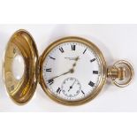 A gold plated half hunter side-wind Waltham pocket watch, by Harris & Waddington of Uxbridge, 15