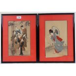 A pair of Japanese colour woodblock prints, studies of Geisha girls, 12" x 7", framed