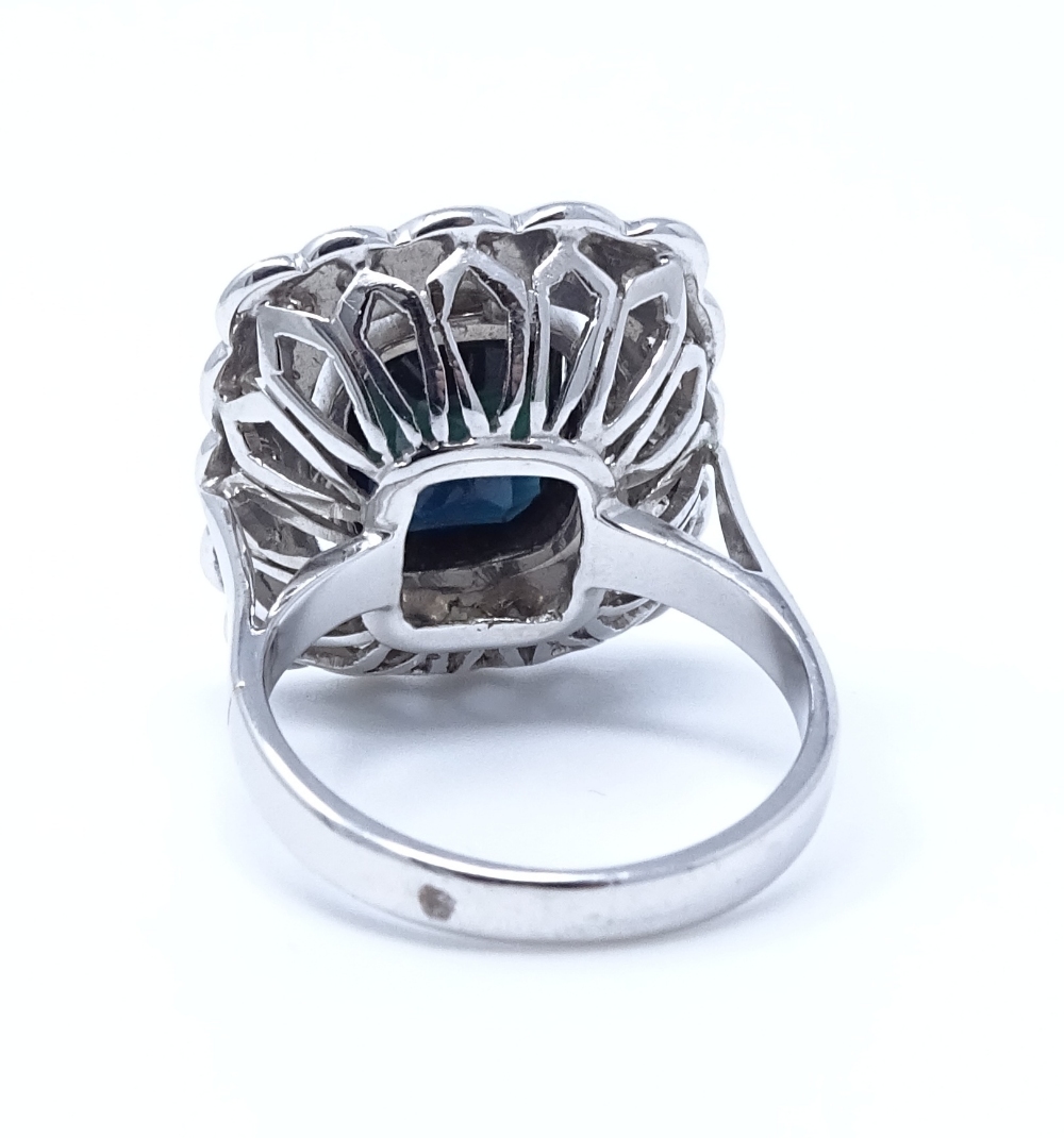 An 18ct white gold sapphire and diamond cluster ring, setting height 19.6mm, size L, 7.3g - Image 3 of 4