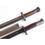 A Victorian bayonet, overall length 42cm, no scabbard, and a First War Period bayonet with metal