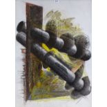 Peter Thursby, mixed media on paper, two pipe form, study for sculpture, 1964, 30" x 22", framed