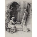 A 19th century pre-Raphaelite School etching, beggar and lady, indistinctly signed in ink, 10" x 7.