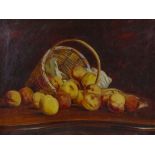H Raymond, oil on canvas, still life, peaches and basket, 20" x 24", framed