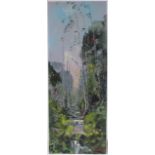 George Deakins, oil on board, woodland stream, 1973, 32" x 12", unframed