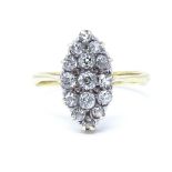 An 18ct gold diamond cluster marquise ring, setting height 17.5mm, size U, 4.3g