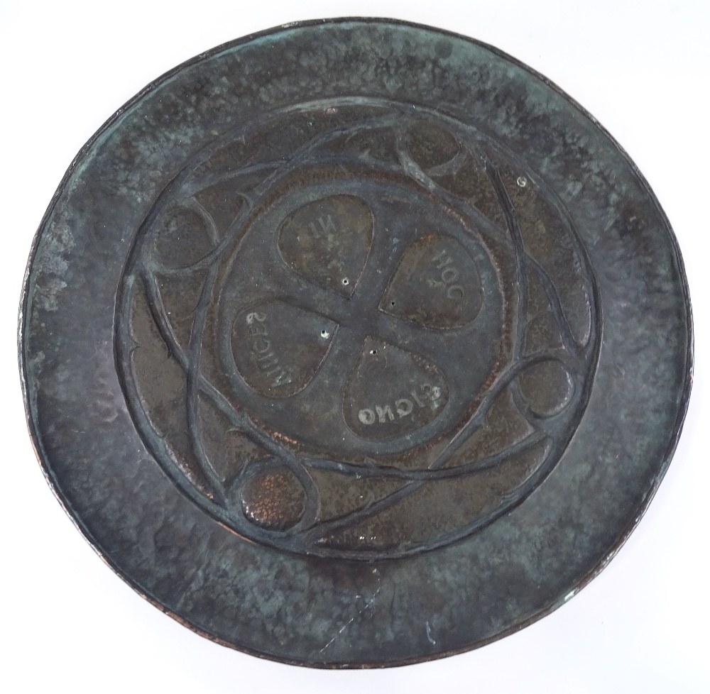 A large Newlyn style circular copper wall plaque, relief embossed entwined bramble designs, with - Image 3 of 3