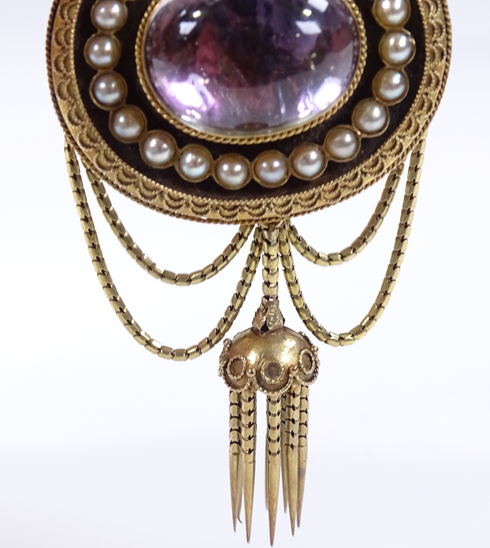 A Victorian oval memorial brooch, with foil-back domed cabochon rock crystal centre, surrounded by - Image 3 of 4