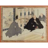 A Japanese colour woodblock print, 2 figures in an interior, 14" x 18", framed