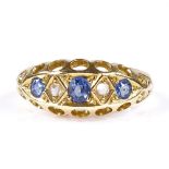 A Victorian 18ct gold 5-stone sapphire and diamond dress ring, setting height 7.7mm, size K, 2.8g