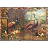 A 6-fold draught screen with hand painted panels, depicting exotic birds and monkeys, height 1.7m (