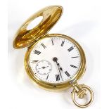 A Swiss 18ct gold half hunter side-wind fob watch, with white enamelled dial and subsidiary