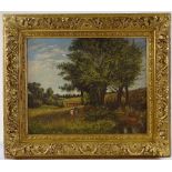 19th century oil on canvas, woman and child in a rural landscape, unsigned, 16" x 21", framed