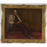 19th century oil on canvas, portrait of a seated worker, unsigned, 25" x 30", framed