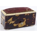 A Victorian tortoiseshell and ivory sewing box, with pin cushion lid, length 6cm